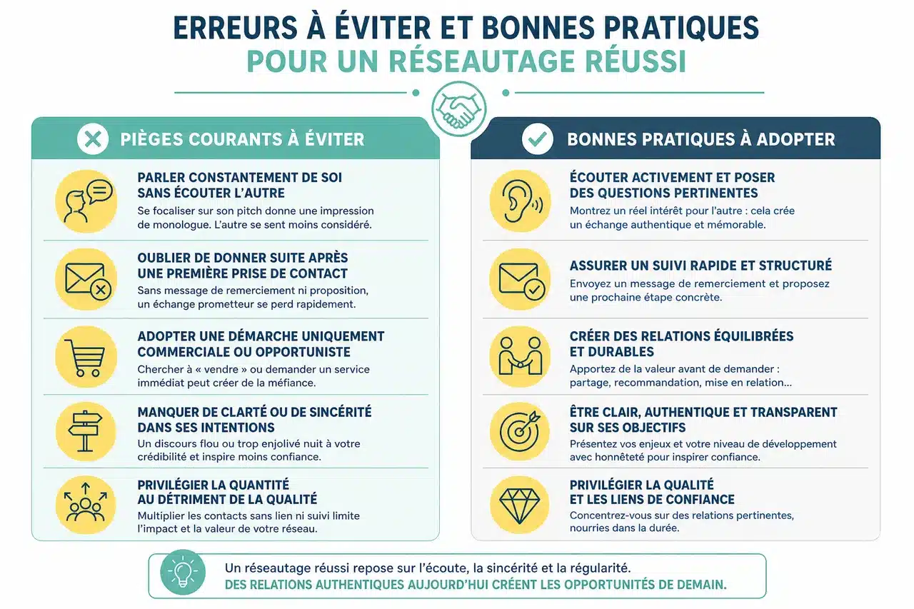 12 techniques de réseautage efficaces pour développer votre réseau professionnel , Erreurs à éviter et bonnes pratiques pour un réseautage réussi