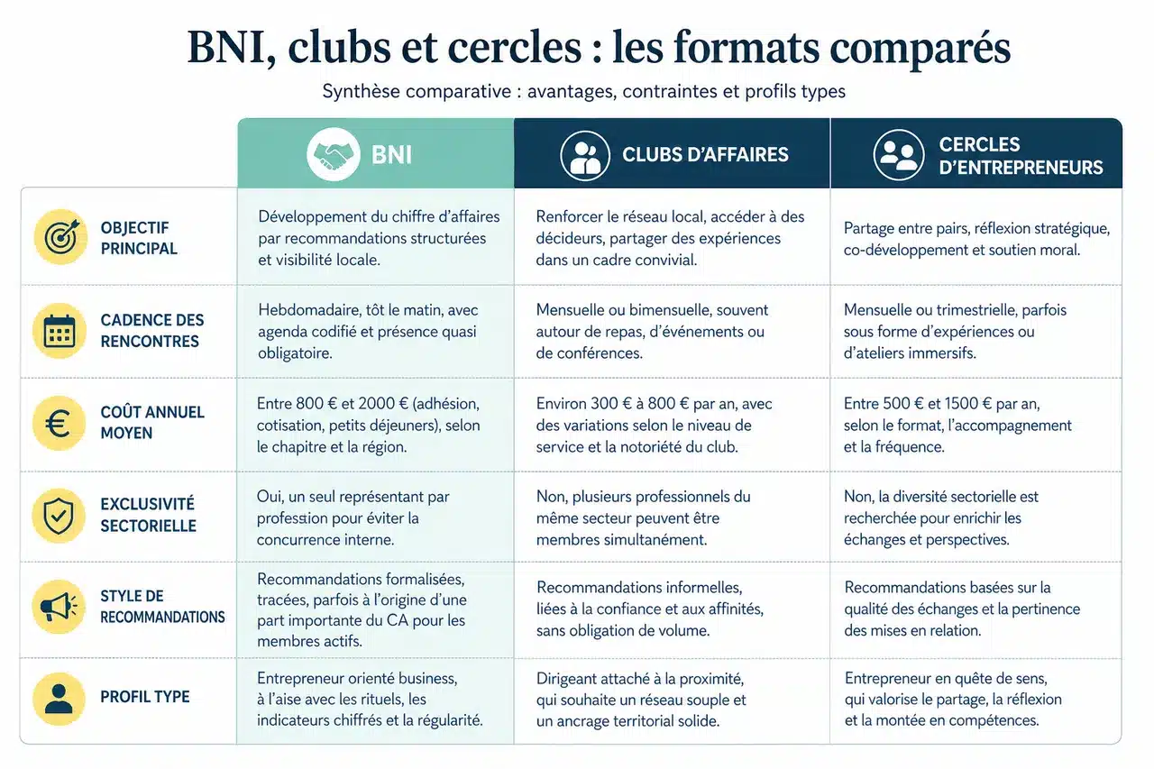 BNI, clubs d'affaires et cercles d'entrepreneurs: quel format choisir? , Tableau comparatif des forces et faiblesses