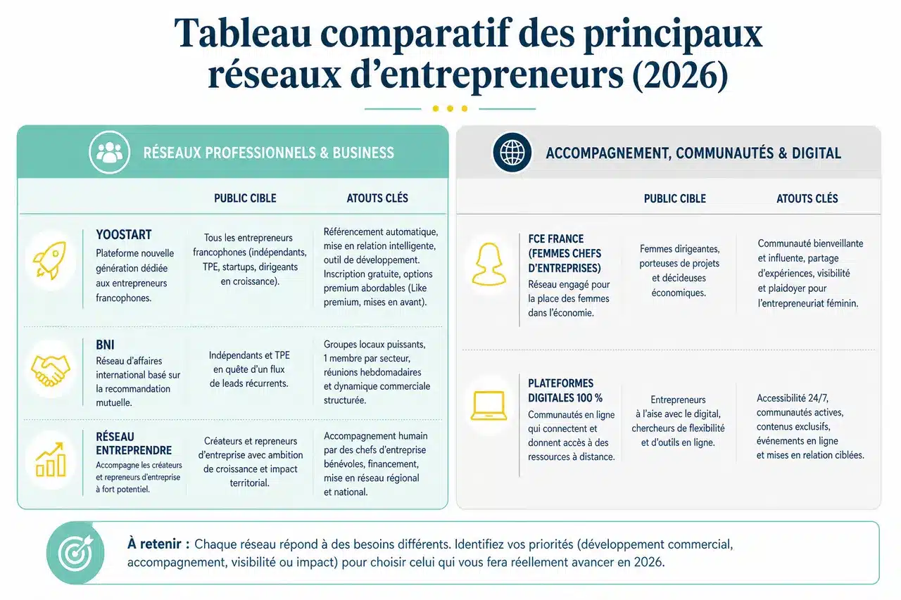 Quel réseau d'entrepreneurs choisir en 2026? , Tableau comparatif des principaux réseaux d'entrepreneurs (2026)